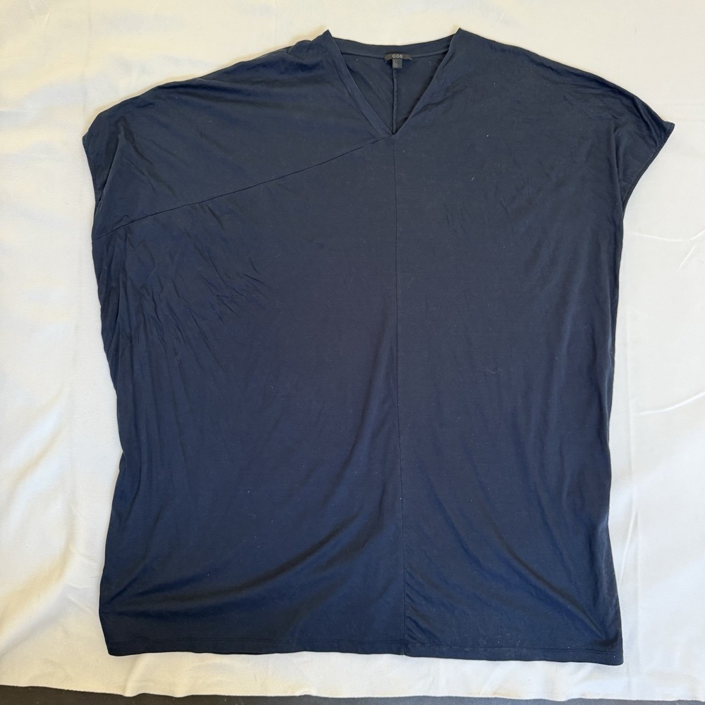 COS Women Oversized Minimalist Top L Asymmetrical Navy Blue Relaxed Vneck